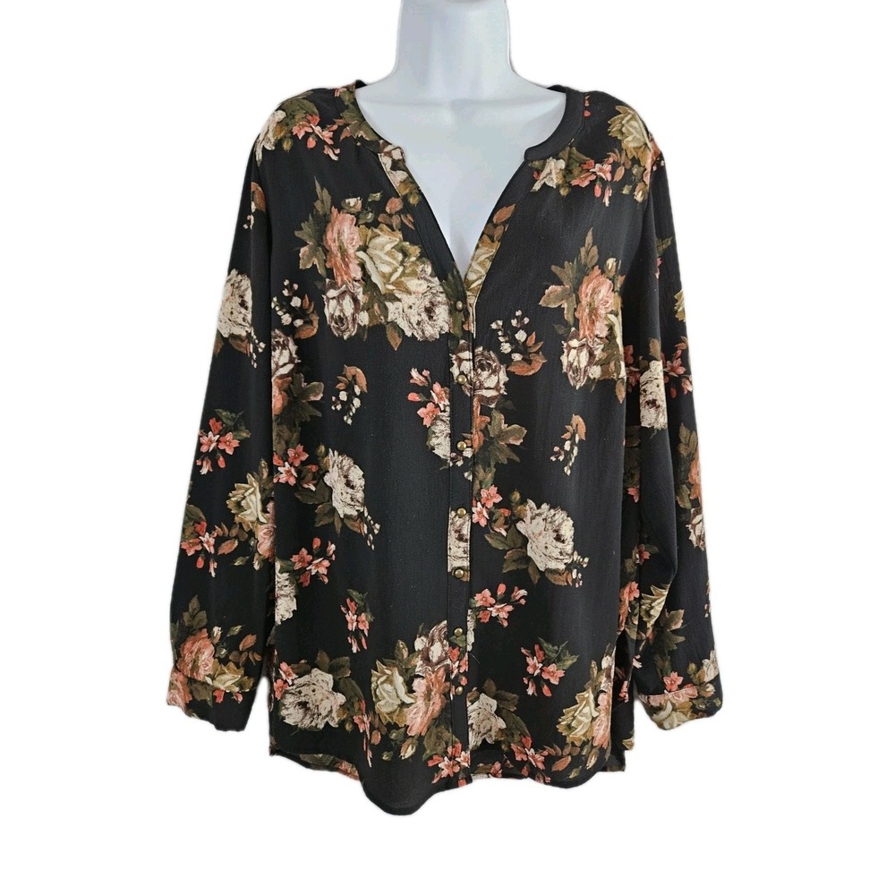 DB est. 1962 Womens Blouse Top 2X Dark Floral Long Sleeve Button Up V-Neck Fairy
